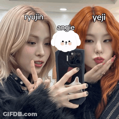 Two Girls Are Taking A Picture Of Themselves With The Name Ryujin Written Above Them GIF
