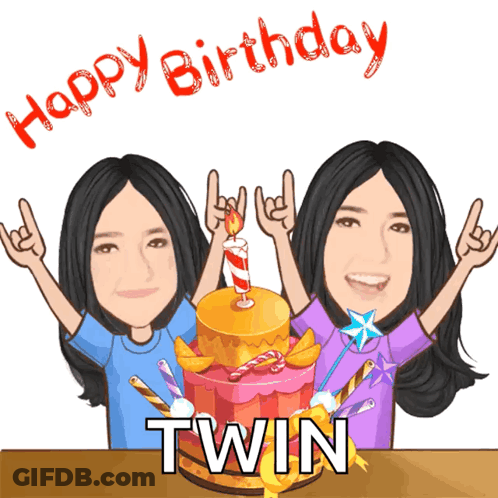 Two Girls Celebrating Birthday With Cake Saying Twin GIF