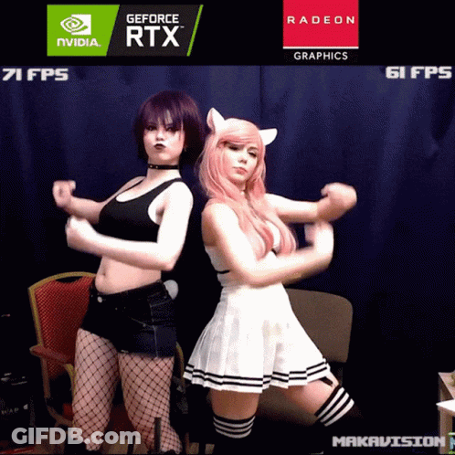 Two Girls Dancing In Front Of Nvidia And Radeon Logo GIF