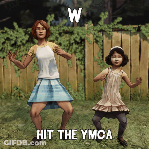 Two Girls Dancing In Front Of Wooden Fence Saying Hit The YMCA GIF