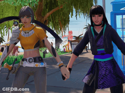 Two Girls Holding Hands In Video Game GIF