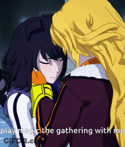 Two Girls Hugging Saying Play Magic The Gathering With Me GIF