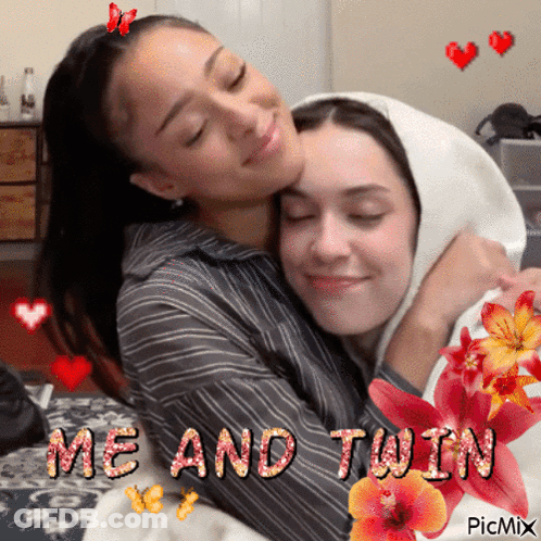 Two Girls Hugging With Me And Twin GIF