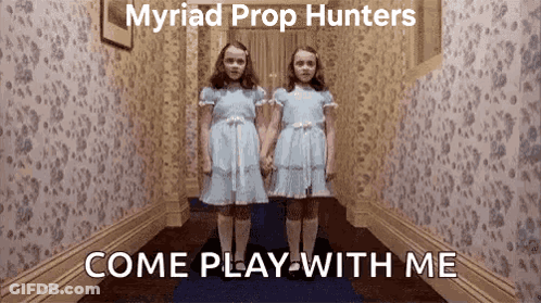 Two Girls In Blue Dresses Are Standing Next To Each Other In A Hallway With The Words Come Play With Me Below Them GIF