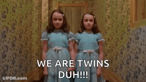 Two Girls In Blue Dresses Saying We Are Twins GIF