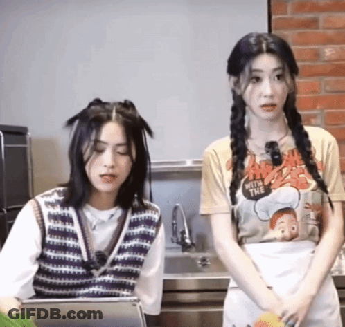 Two Girls In Kitchen One Wearing With You Shirt GIF