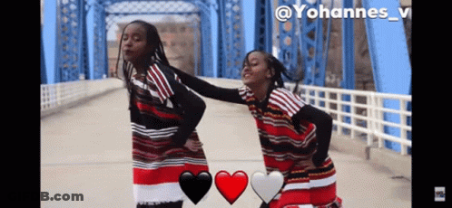 Two Girls On Bridge With Hearts And Yohannes GIF
