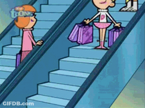 Two Girls On Escalator With Toons GIF