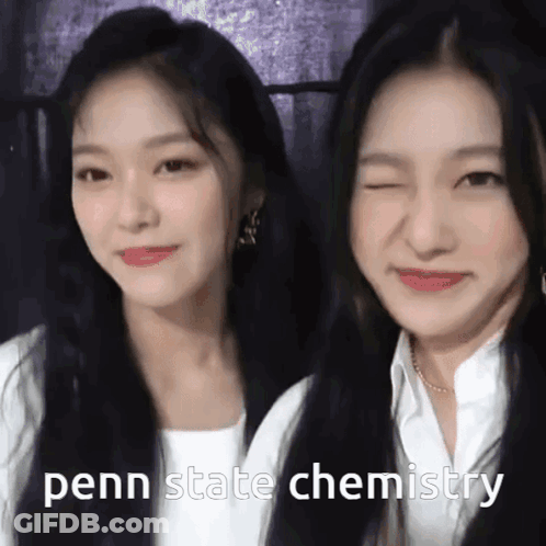 Two Girls Posing One Wearing Penn State Chemistry Shirt GIF