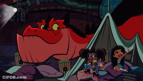 Two Girls Sitting In Tent With Red Dragon GIF