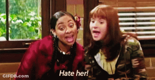 Two Girls Sitting Together Saying Hate Her GIF