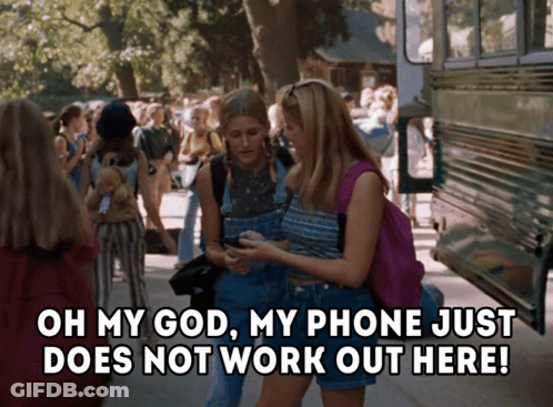 Two Girls Standing Next To Each Other With The Words Oh My God My Phone Just Does Not Work Out Here On The Bottom GIF