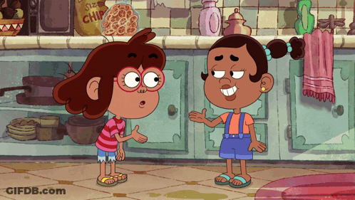 Two Girls Talking In Kitchen With Rice Chips GIF