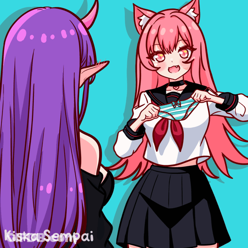 Two Girls With Purple And Pink Hair Kiska Sempai GIF