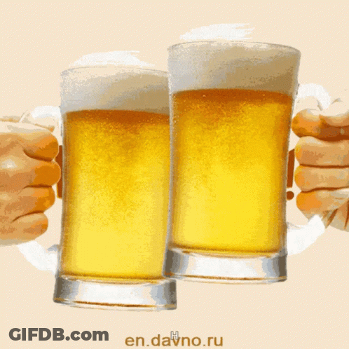 Two Glasses Of Beer Are Being Held In Front Of A Sign That Says " Happy Birthday Jee " GIF