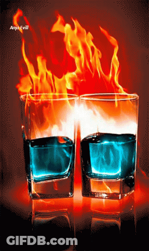 Two Glasses Of Blue Liquid With Flames And Anjo Evill GIF
