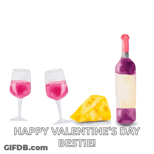 Two Glasses Of Wine A Bottle Of Wine And A Piece Of Cheese On A Valentine 'S Day Card GIF