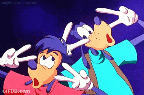 Two Goofy Cartoon Characters Giving A Peace Sign In Front Of A Dark Background GIF