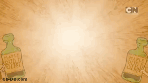 Two Green Bottles Of Maple Syrup Are Being Held By Two Cartoon Characters GIF