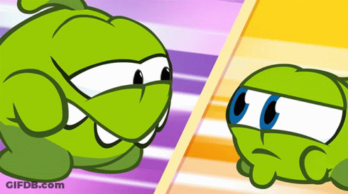 Two Green Cartoon Characters Looking At Each Other On Yellow And Purple Background GIF