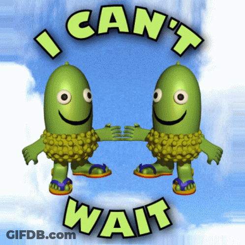 Two Green Cartoon Characters Saying I Can't Wait GIF
