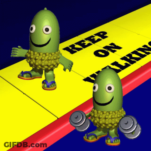 Two Green Cartoon Characters Standing Next To A Sign That Says " Keep On Walking " GIF