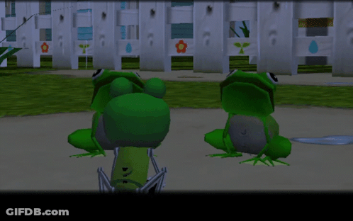 Two Green Frogs Are Dancing In A Video Game With The Words Yaaay Rain Ribbit Rain Ribbit Written Below Them GIF