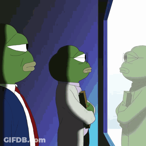 Two Green Frogs In Suits Looking Out Window GIF