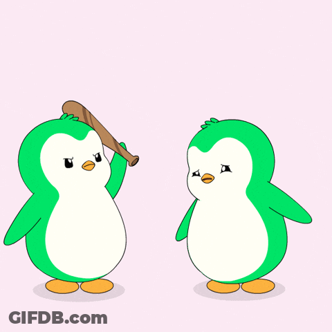 Two Green Penguins Are Standing Next To Each Other And One Is Holding A Bat And The Word Bonk Is On The Bottom GIF