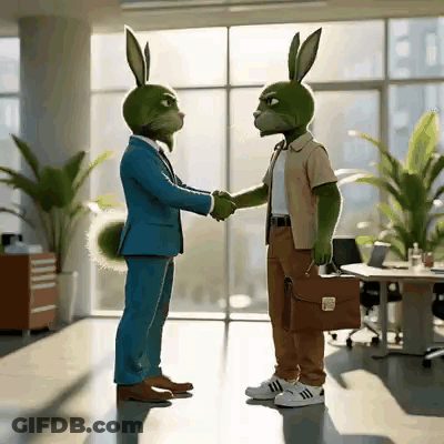 Two Green Rabbits Shaking Hands In An Office GIF