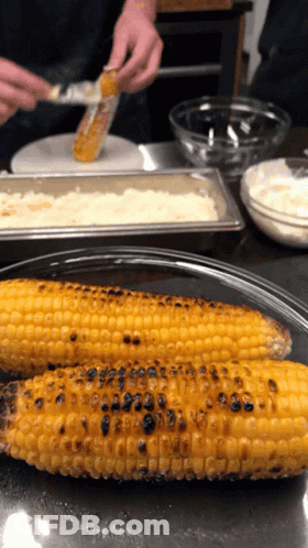 Two Grilled Corn On The Cob Are On A Plate GIF