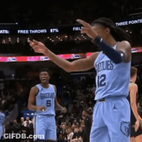 Two Grizzlies Basketball Players Are Standing On The Court GIF
