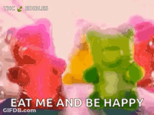 Two Gummy Bears Are Standing Next To Each Other With The Words Eat Me And Be Happy Above Them GIF