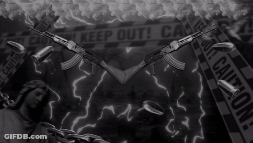 Two Guns Are Surrounded By Bullets And A Caution Tape GIF