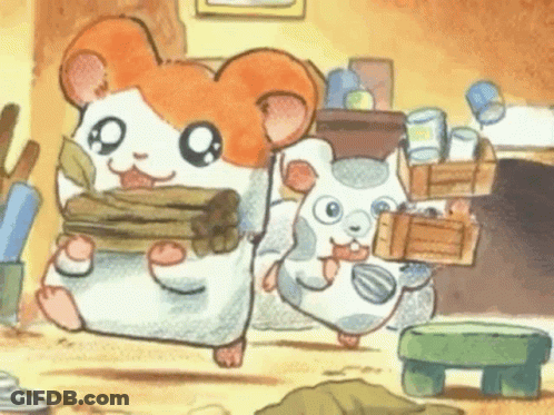 Two Hamsters Are Standing Next To Each Other In A Room And One Is Carrying A Stack Of Logs . GIF