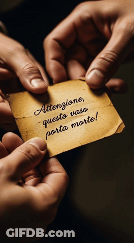 Two Hands Holding A Piece Of Paper That Says ' Attenzione Questo Vaso Porta Morte ' On It GIF