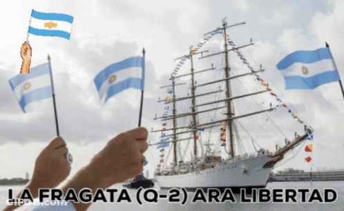 Two Hands Holding Flags In Front Of A Ship With The Words La Fragata Q-2 Ara Libertad GIF