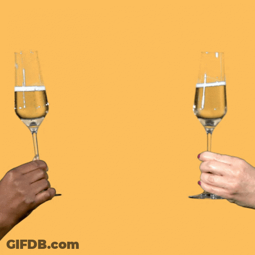 Two Hands Toasting Champagne Glasses Yellow Background GIF