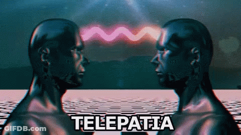 Two Heads Are Looking At Each Other And The Words Telepatia Are On The Bottom GIF