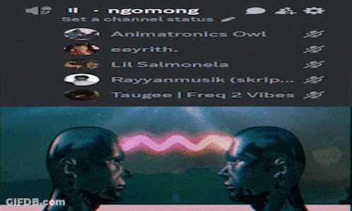 Two Heads Are Looking At Each Other In Front Of A Screen That Says " Ngomong " GIF