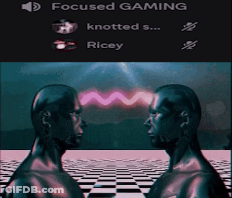 Two Heads Are Looking At Each Other With The Words Focused Gaming Written On The Bottom GIF