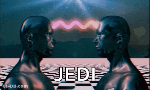 Two Heads Are Standing Next To Each Other With The Word Jedi In The Background . GIF
