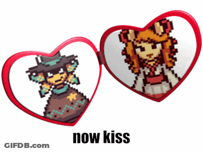 Two Heart Mirrors With Pixel Art Cowboy And Girl Now Kiss GIF