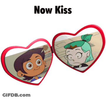 Two Heart-Shaped Mirrors With Cartoon Characters Saying Now Kiss GIF