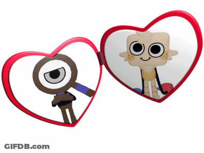 Two Heart Shaped Mirrors With Two Cartoon Characters On Them GIF