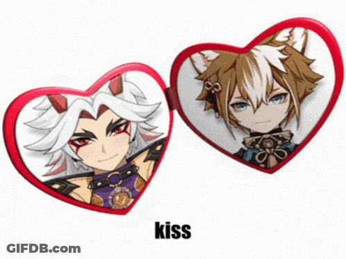 Two Hearts With Anime Characters On Them With The Word Kiss Below Them GIF