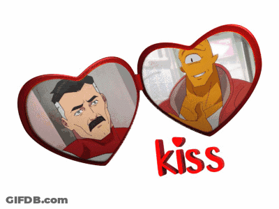 Two Hearts With Cartoon Characters And The Word Kiss In Red GIF