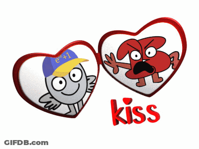 Two Hearts With Cartoon Characters On Them And The Word Kiss In Red GIF