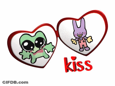 Two Hearts With Frog And Rabbit Saying Kiss GIF