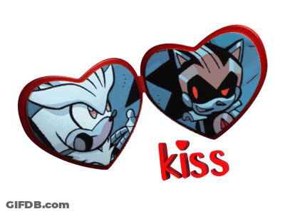 Two Hearts With Sonic And Shadow On Them And The Word Kiss Below Them GIF